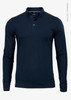 A navy blue long-sleeve polo shirt made from organic cotton, featuring a collar and a front placket with buttons.