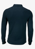 A dark navy blue polo shirt with long sleeves and a buttoned cuff, featuring a logo on the chest.