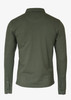 A long-sleeved, olive green polo shirt featuring a collar and branded logo on the back.