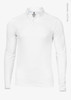 A long-sleeved white polo shirt made from organic cotton, featuring a collar and a logo.