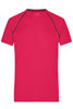 A red men's sports T-shirt featuring black accents and a logo. It has a classic crew neckline and short sleeves.