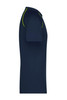 A men's sports T-shirt in navy blue with green detailing along the collar, featuring a logo.