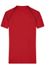A red men's sports t-shirt with a plain design and contrasting seams at the shoulders. It features a logo.