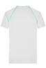 A white men's sports t-shirt featuring light green detailing and a logo on the back.