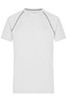 A white men's sports T-shirt with grey detailing and a logo on the chest. Short sleeves and a round neckline.