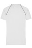A white men's sports T-shirt with grey detailing on the shoulders and a logo on the back.