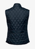 A navy quilted women's vest featuring a sleeveless design and a rear pocket, with branding present.