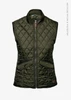 A quilted vest in dark green, featuring a zip front and two front pockets, with a small logo.