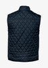 A navy, quilted men's vest with a high collar and a textured pattern on the back. Features a logo.