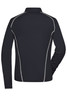 A black ladies' sports shirt with grey detailing, featuring a collar and long sleeves, with a logo present.