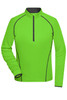 A bright green ladies sports shirt with a quarter zip and contrasting black stitching. Features long sleeves.