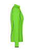 A side view of a ladies' long-sleeve sports shirt in bright green with contrasting stitching and a collar.