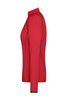 A red ladies' long-sleeve sports shirt featuring black accents and a collar, with a logo present.