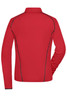 A red ladies sports shirt with a collar and long sleeves, featuring contrasting stitching and a logo.