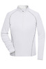 A white ladies sports shirt with long sleeves and a zip collar, featuring contrasting stitch detailing.