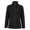 A black women's fleece jacket with a zip closure and two side pockets, featuring a logo.