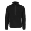A black fleece half zip jumper, featuring long sleeves and a zippered collar. Includes a branding logo.