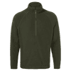 A green fleece half-zip jumper with long sleeves and a front zipper. It features a logo on the garment.