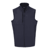 A navy blue softshell vest with a full zip and side pockets, featuring a logo on the front.