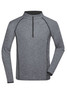 A grey long-sleeve sports shirt with a zip neck and black accents. It features a logo on the front.