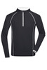A black long-sleeve sports shirt with white detailing and a zip-up collar. It features a logo on the chest.