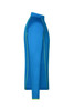 A blue men's sports shirt with long sleeves and contrasting green trim along the seams. It has a logo on the front.