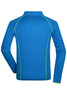A blue long-sleeved sports shirt with green detailing and a logo on the back.