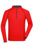 A red long-sleeve sports shirt featuring a half zip and contrasting black piping. It has a logo on the chest.