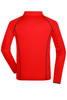 A red long-sleeved sports shirt featuring black stitching and a collar, with a logo on the back.