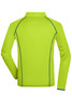 A bright green long-sleeve sports shirt with contrasting seams and a collar, featuring a logo on the back.