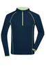 A navy long-sleeve sports shirt with a half zip and lime green trim, featuring a logo on the chest.