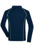A long-sleeve men's sports shirt in navy blue with light green stitching and a logo on the back.