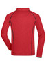 A red long-sleeve sports shirt with black piping and a high collar, featuring a logo on the back.