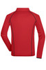 A red long-sleeved sports shirt with black trim, featuring a collar and a logo on the back.