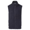 A navy fleece vest with a high collar and a front zipper. It features a logo on the fabric.