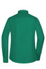 A green ladies button-up poplin shirt with long sleeves and a collar, featuring a logo on the back.