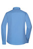 A blue long-sleeve button-up shirt with a collared neckline and a smooth back. It features a logo.