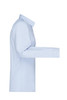 A light blue ladies button-up shirt with long sleeves and a collar, featuring a logo on the side.
