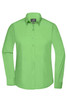 A green ladies button-up shirt with long sleeves and a collar, featuring a logo on the label.