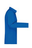 A bright blue ladies button-up shirt made of poplin fabric, featuring a collar and a side view. It has a logo.