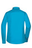 A blue button-up ladies shirt with long sleeves and a collar, shown from the back. Features a logo on the back.