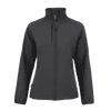 A women's softshell jacket in black with a zip front and two side pockets, featuring a logo on the chest.