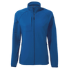 A blue women's softshell jacket with a zip front and multiple pockets, featuring a logo on the chest.
