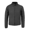 A black puffer jacket with a zip front and chevron pattern, featuring a logo on the left side.