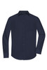 A navy blue long-sleeve button-up shirt with a single chest pocket and branding.
