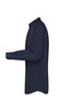 A navy blue long-sleeve button-up shirt displayed from the side, featuring a collar and a single logo.