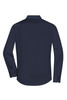 A navy blue long-sleeved poplin shirt with a button-up collar and a branded logo on the back.