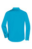 A bright turquoise men's long-sleeve poplin shirt with button cuffs and a collar, featuring a logo on the back.
