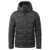 A black puffer jacket with a hood and zippered pockets, featuring a quilted design and a sleek silhouette.