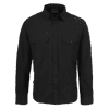 A button-up shirt in black with two chest pockets and a logo on the front.